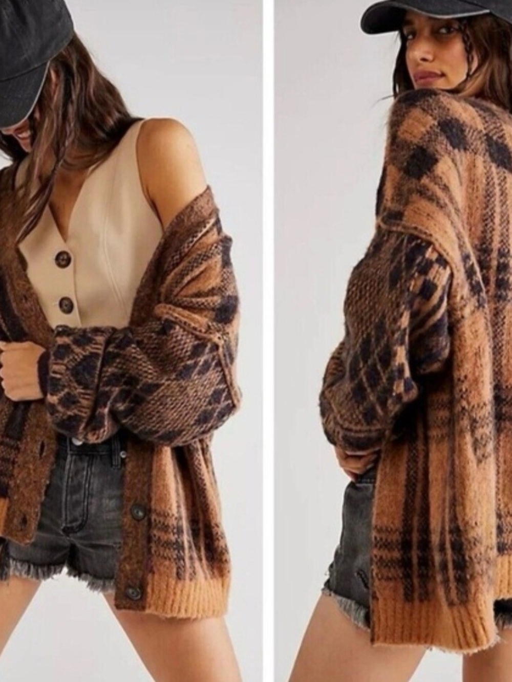 Free People Sepia Cozy Plaid Open-Front Cardigan Sweater - Brown/Black XS